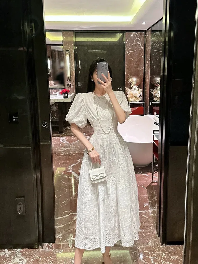 BETTER LS high-end temperament puff sleeve white dress waist French tea break dress mid-length dress for women summer