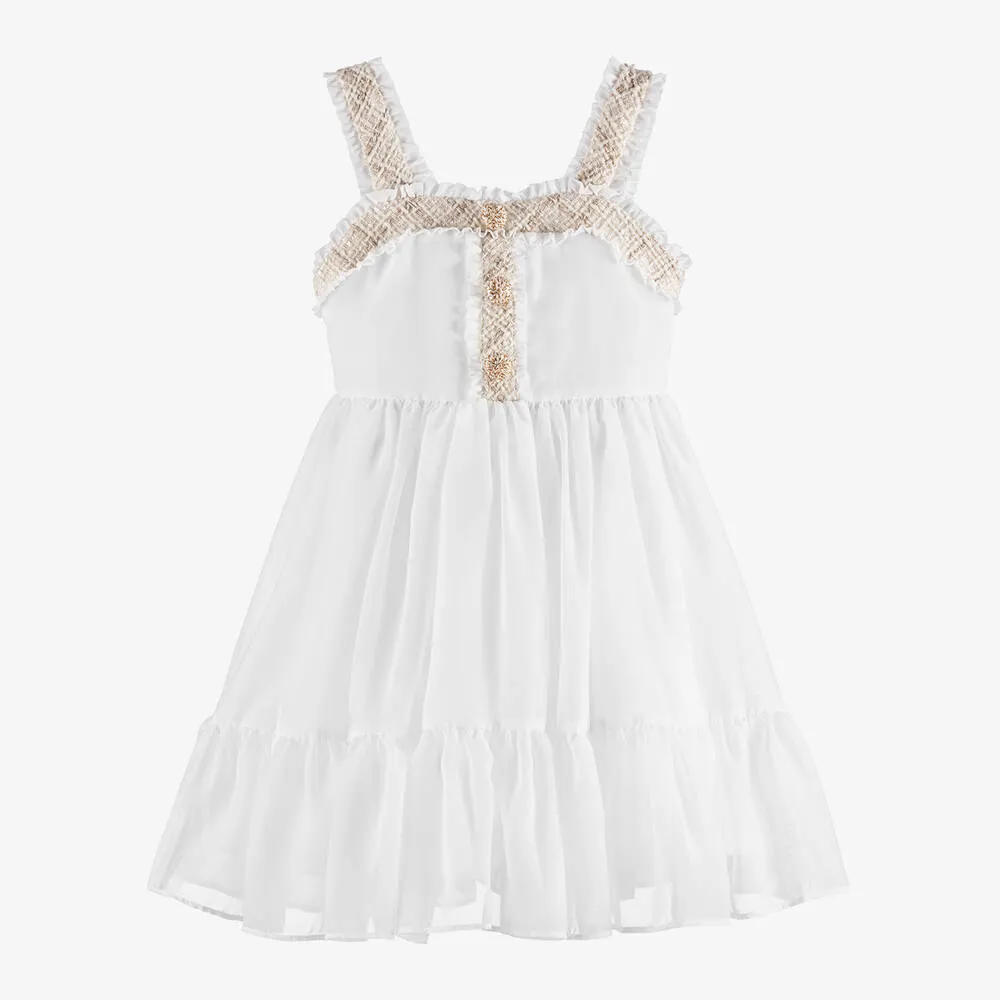 Girls Ivory Chiffon & Tweed Dress