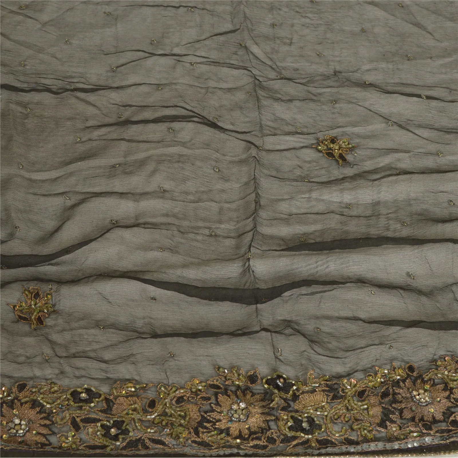 Sanskriti Vintage Long Black Dupatta/Stole Pure Chiffon Silk Hand Beaded Scarves