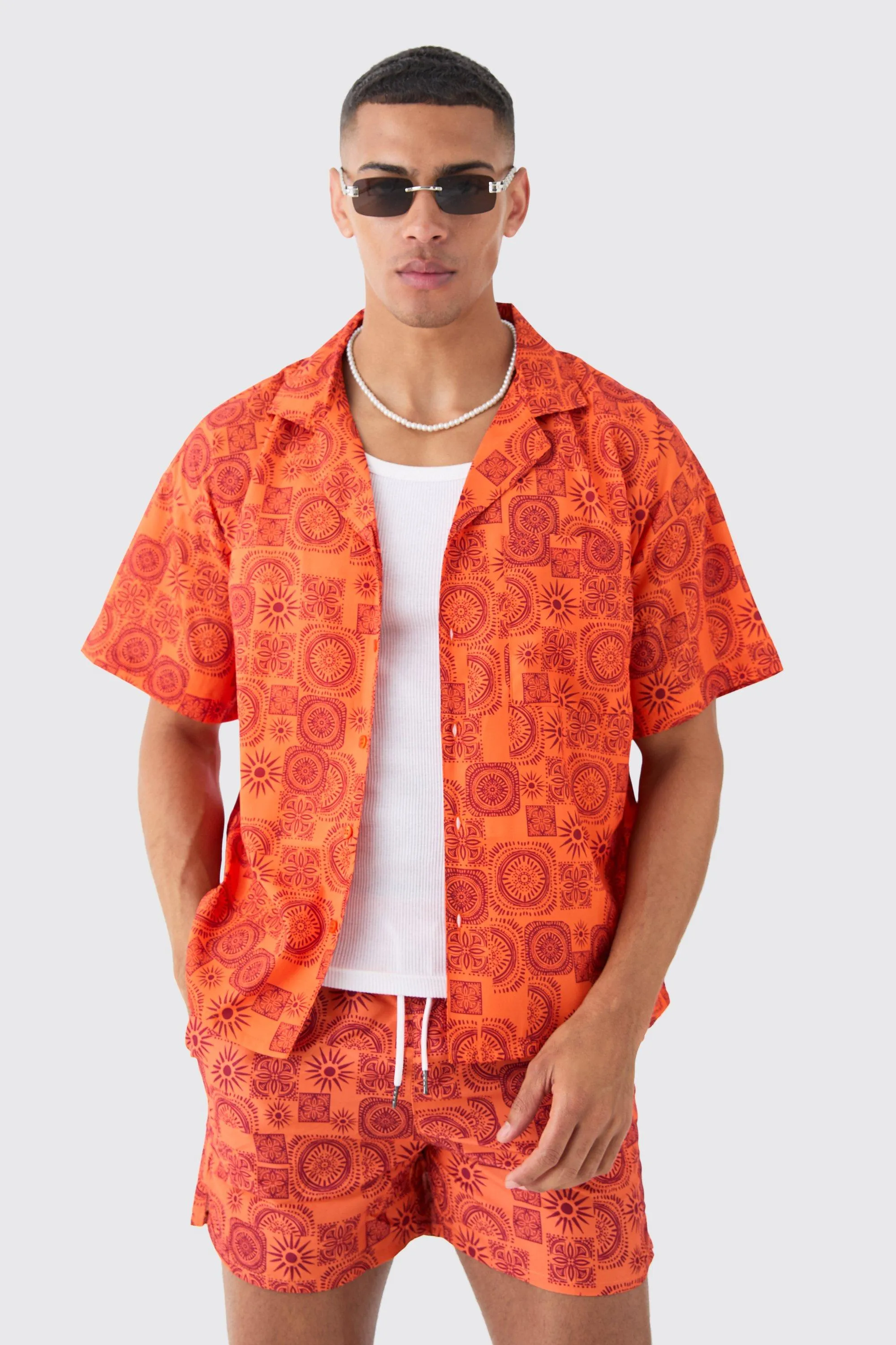 Sun Tile Shirt & Swim Short Set | boohooMAN UK